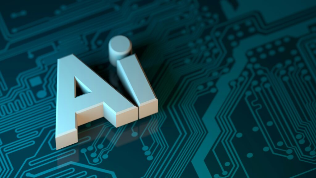 3d AI word lying on a tech savvy ground